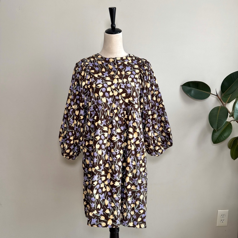 Umgee Corduroy Floral Print Babydoll Mini Dress in Brown M - Picture 4 of 12